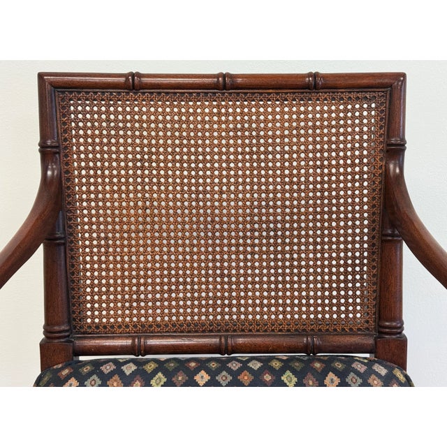 Brown Vintage Faux Bamboo Cane Back Upholstered Seat Arm Chair For Sale - Image 8 of 9