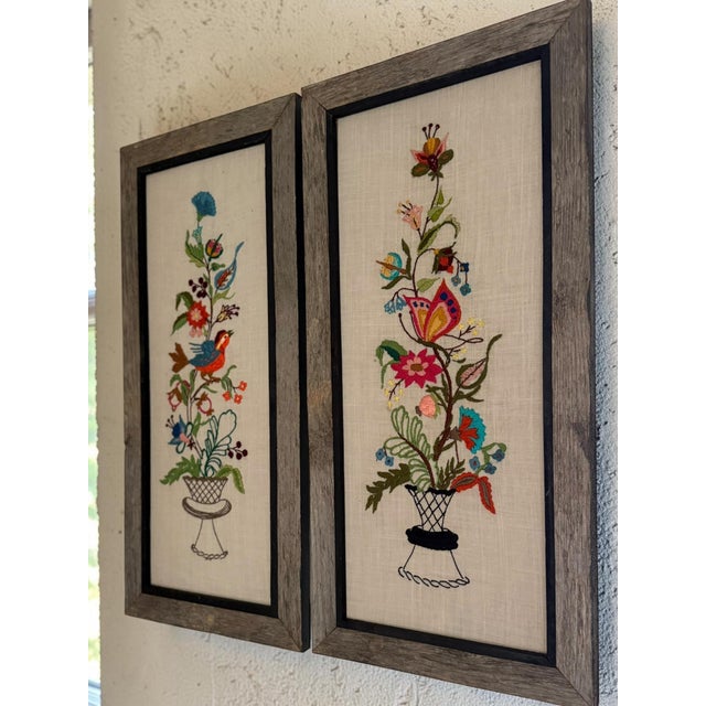 Vintage Textile Framed Wall Art Jacobean Panel Duo Crewel Embroidery Butterfly Bluebird For Sale - Image 9 of 12