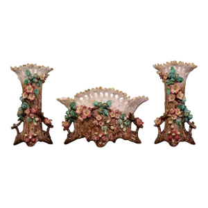 19th Century French Barbotine Cache Pot and Vases With Floral Motifs, Set of 3