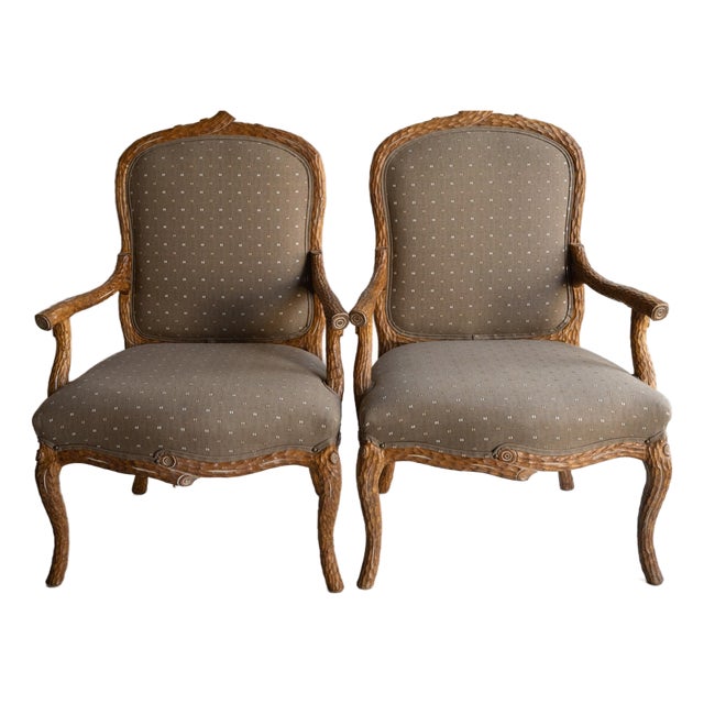 Early 20th Century Pair Walnut French Louis XV Style Faux Bois Chairs For Sale