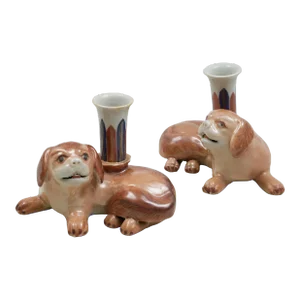 Antique Early 19th Century Chinese Export Porcelain Pug Dog Candle Holders - a Pair
