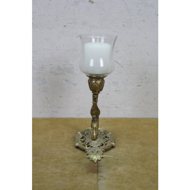 Late 20th Century Vintage Brass Griffin Dragon Sphynx Hurricane Candle Holder Chamberstick 7" For Sale - Image 5 of 14