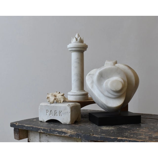 Antique Marble Block Engraved "PARK," Circa Early 20th Century. Faceted, arched Calacatta marble brick with the word...