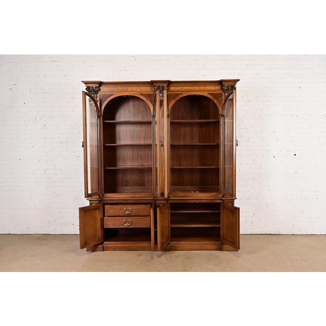 1960s Romweber Neoclassical Carved Burled Walnut Lighted Breakfront Bookcase Cabinet, Circa 1960s For Sale - Image 5 of 15