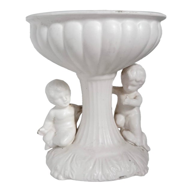 Vintage White Dual Cherub Pedestal Bowl For Sale