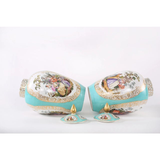 19th Century Hollywood Regency Gilt Porcelain Covered Urns - a Pair For Sale - Image 4 of 13