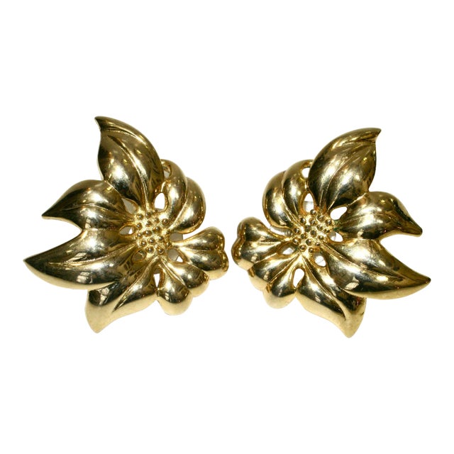 1980s Givenchy Large Polished Gold Carved Poinsettia Earrings - 2 Pieces For Sale