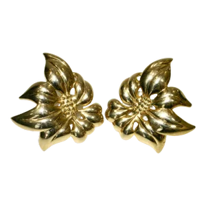 1980s Givenchy Large Polished Gold Carved Poinsettia Earrings - 2 Pieces