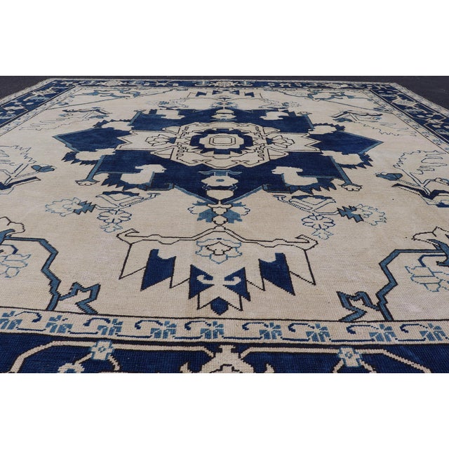 Mid 20th Century Navy Blue Oushak Vintage Rug With Traditional Medallion Design For Sale - Image 5 of 16