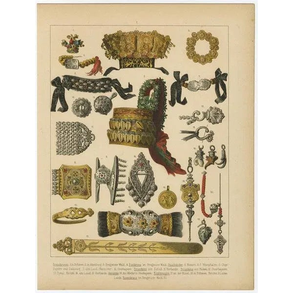 Antique print, titled: 'Brautkronen, Rosenkranz (\.).' This original antique print shows the costumes of Germany, Bohemia...