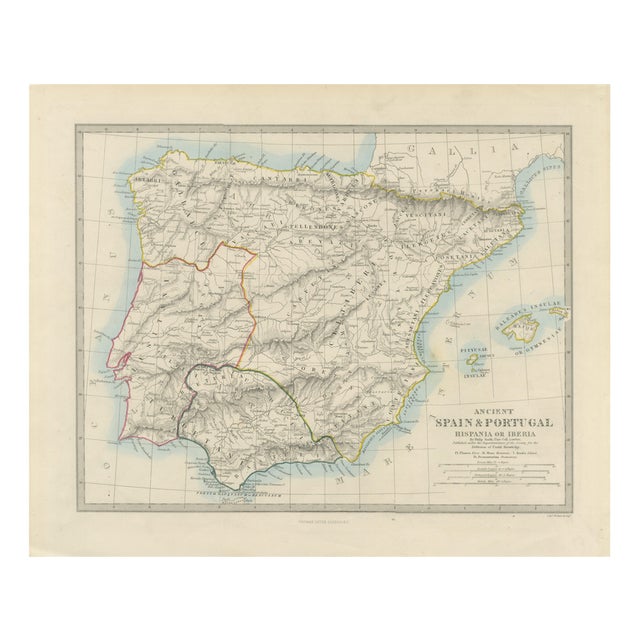 Antique Map of Spain and Portugal, 1850 For Sale