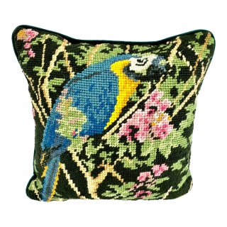 Mid Century Needlepoint Parrot Pillow With Velvet Back For Sale