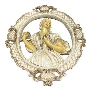 Vintage 1958 Universal Statuary Corp. Victorian Lady Chalkware Wall Plaque, Ornate Frame For Sale