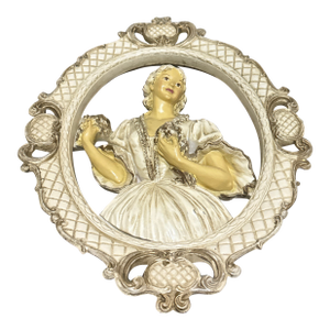 Vintage 1958 Universal Statuary Corp. Victorian Lady Chalkware Wall Plaque, Ornate Frame