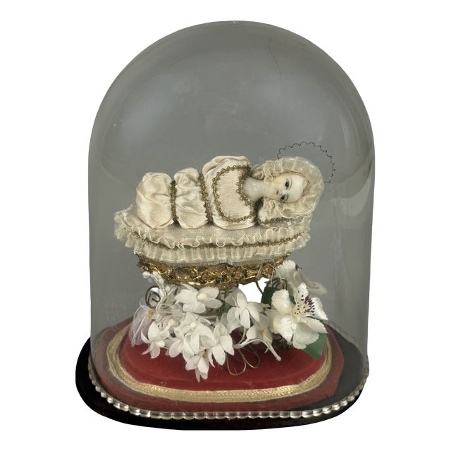 Vintage 20th Century Mary Child in Bell Cradle with Flowers Wooden Base, 1950s For Sale