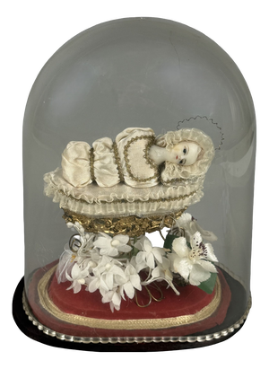 Vintage 20th Century Mary Child in Bell Cradle with Flowers Wooden Base, 1950s