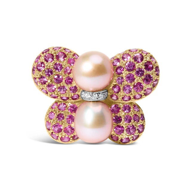 18K Yellow and White Gold 9MM South Sea Pearl and Pink Sapphire Butterfly Pin Brooch with Diamond Ac For Sale