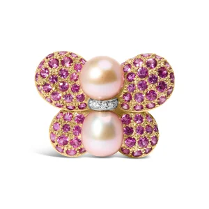 18K Yellow and White Gold 9MM South Sea Pearl and Pink Sapphire Butterfly Pin Brooch with Diamond Ac