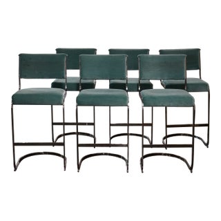 1980s Set of 6 Mid-Century Bar Stools With Aqua Mohair Upholstery and Chrome Bases For Sale