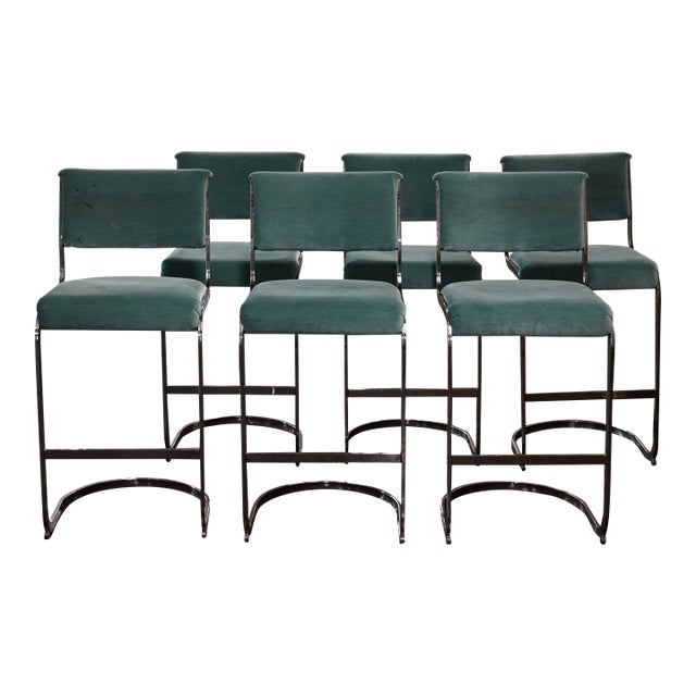 1980s Set of 6 Mid-Century Bar Stools With Aqua Mohair Upholstery and Chrome Bases For Sale