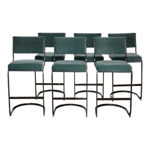 1980s Set of 6 Mid-Century Bar Stools With Aqua Mohair Upholstery and Chrome Bases