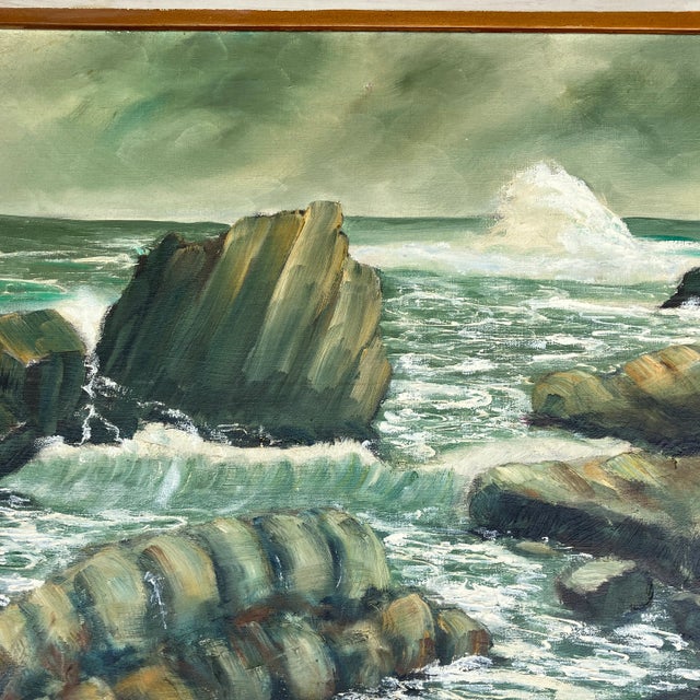 Impressionist 1950’s Original Vintage Modernist Rocky Seascape Painting Original Modernist Frame Signed For Sale - Image 3 of 6