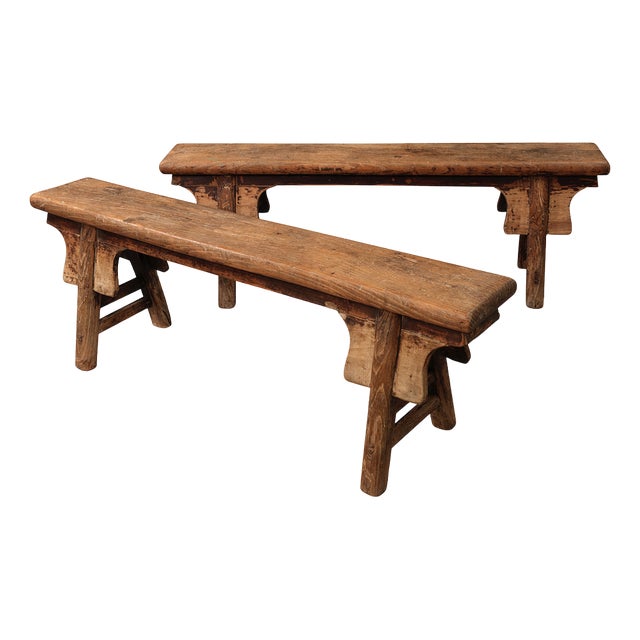 Set of Narrow Elm Benches For Sale