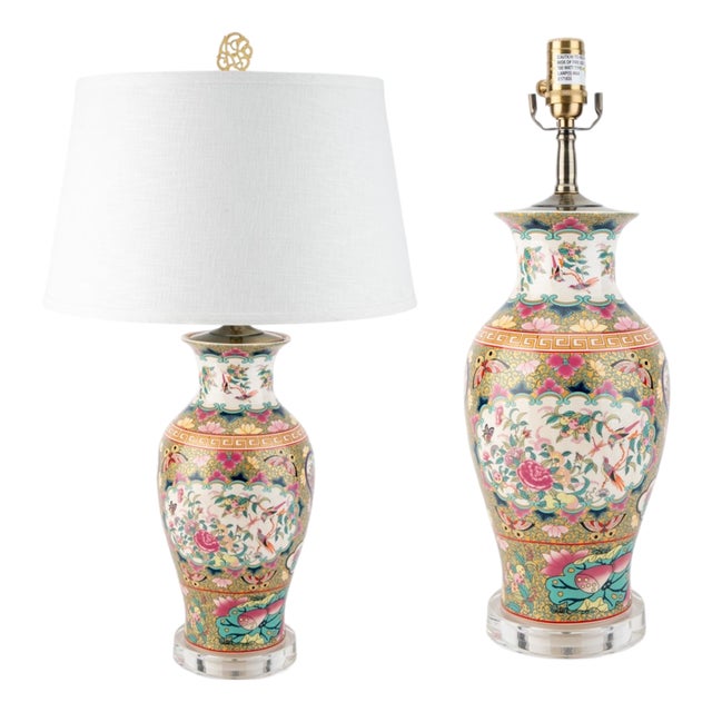 Canton Porcelain Vase Table Lamp, Imari Style Painted Famille Rose For Sale