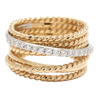 David Yurman Diamond Twisted Band Ring, 18k Yellow & White Gold, Ring Size 5.75 For Sale