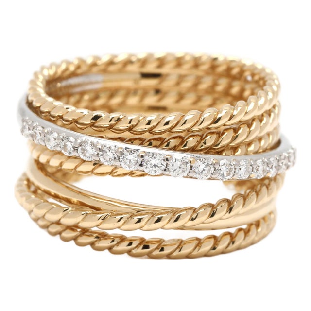 David Yurman Diamond Twisted Band Ring, 18k Yellow & White Gold, Ring Size 5.75 For Sale