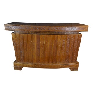 Mid-Century Curved Oak Dry Bar Cabinet With Carved Grapevines Wine Liquor 68" For Sale
