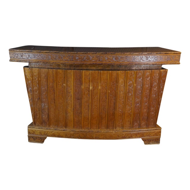 Mid-Century Curved Oak Dry Bar Cabinet With Carved Grapevines Wine Liquor 68" For Sale