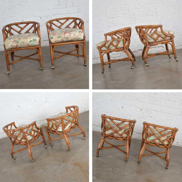Vintage Chinese Chippendale Rattan Rolling Accent Chairs by Henry Link for Wicker - A Pair For Sale - Image 9 of 13