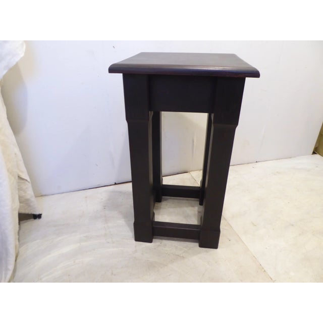 Arts & Crafts style pedestal, charcoal tone paint, sturdy.