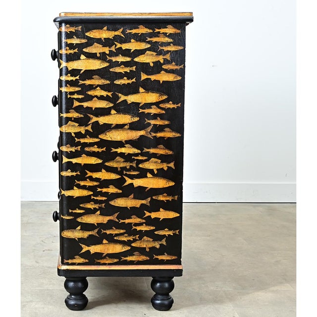 Black English 19th Century Pine Painted Chest with Fish Decoupage For Sale - Image 8 of 11