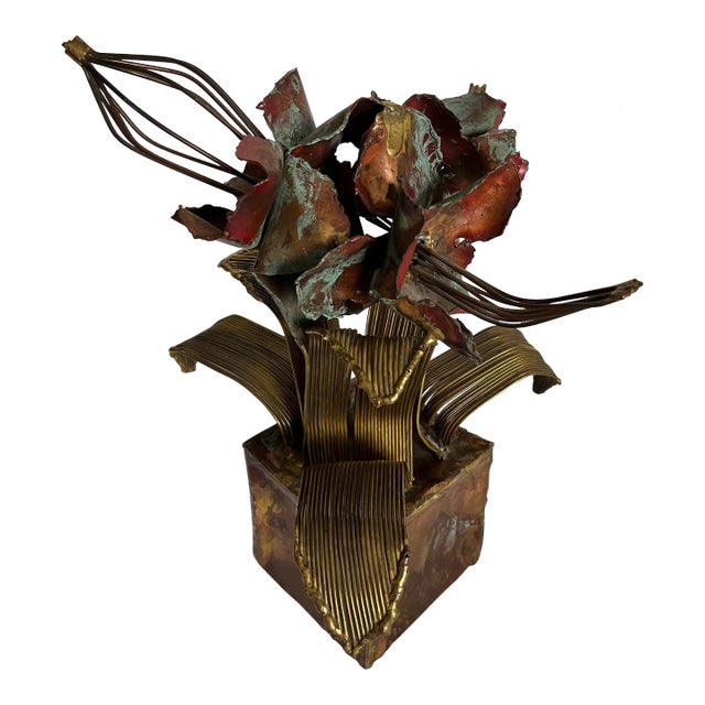 Brutalist Copper and Brass Floral Sculpture Marked B J M 1979 For Sale