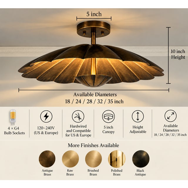 Rustic European Handmade Antique Brass Flush Mount Ceiling Light Petal Design For Sale - Image 3 of 7