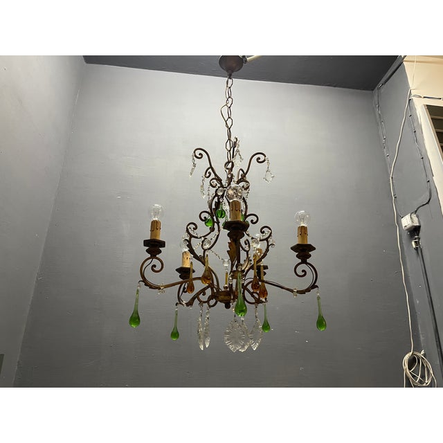 Italian 5-Light Tole Chandelier with Green and Amber Murano Glass Drops, 1950s For Sale - Image 15 of 16