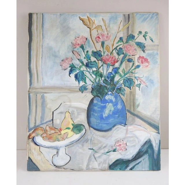 Shabby Chic Modernist Pink Blue Floral and Fruit Still Life Painting For Sale - Image 3 of 4