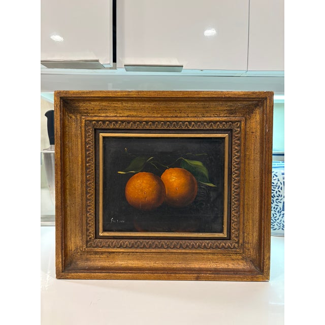 Still Life Oil Painting Of Oranges In Gilt Wood Frame Richly toned still life oil painting depicting two ripe oranges with...