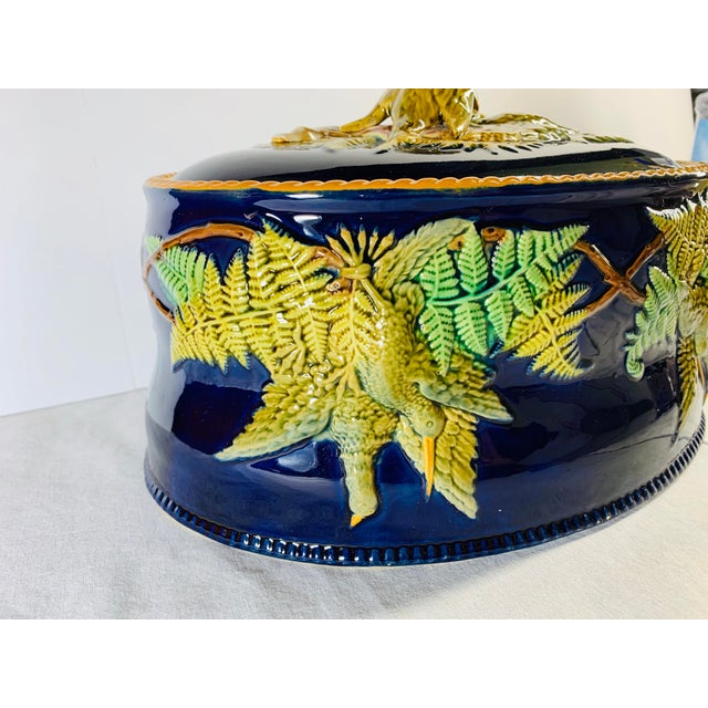 Mid 19th Century Antique Majolica Cobalt Blue Rabbit and Game Bird Tureen Dish With Lid by