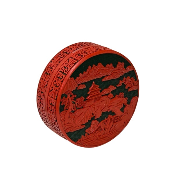 Paint Oriental Asian Black Red Lacquer Round Relief Scenery Accent Box For Sale - Image 7 of 11