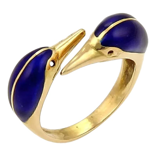 Two Birds Head Bypass 18k Yellow Gold & Enamel Ring For Sale