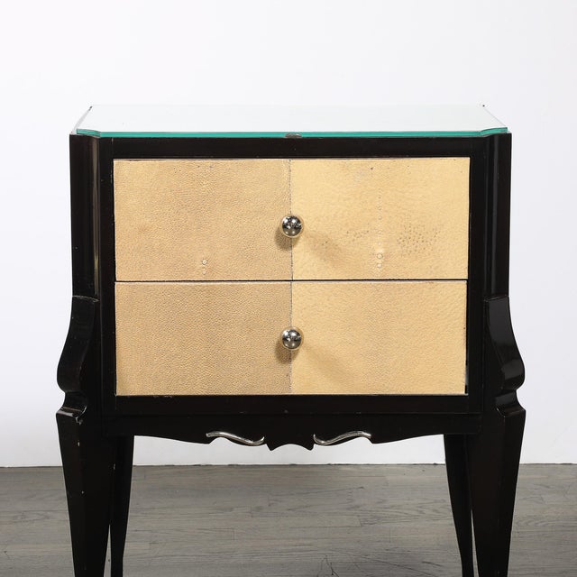 1940s Art Deco Directoire Style Ebonized Nightstands W/Shagreen Fronts & Mirrored Tops For Sale - Image 5 of 18
