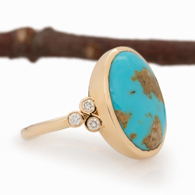 2020s 5.4cts Sonoran Turquoise Ring With Natural Diamonds: Solid 14k Gold, 1Size 6.75 For Sale - Image 5 of 10
