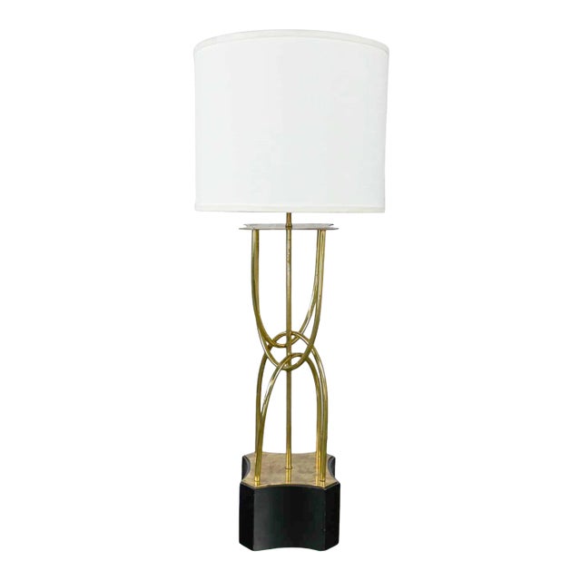 1960s Mid-Century Modern Table Lamp Brass Looped Tube Black Base White Drum Shade For Sale