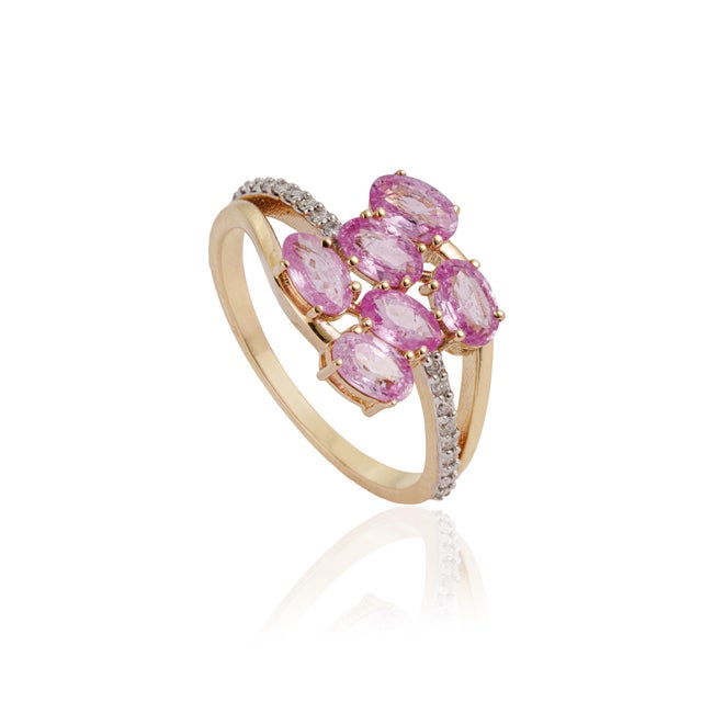 VR Jewels Art Nouveau 14k Yellow Gold 1.66ct Pink Sapphire & Diamond Cluster Bypass Ring Size 9 For Sale - Image 4 of 16