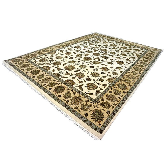 Early 21st Century Indian Tabriz Wool & Silk 9x12 White Ivory, Tan, Blue, & Green Handmade Area Rug #1144267 For Sale - Image 5 of 9