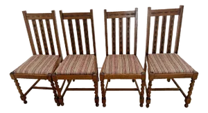 Early 20th Century Antique Barley Twist Legs Solid Oak Hand Carved Backs Chairs- Set of 4