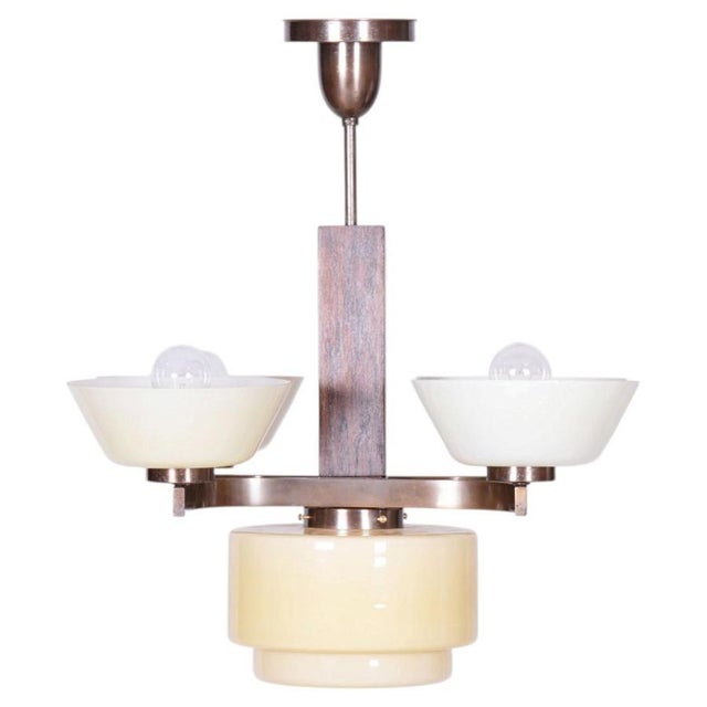 Art Deco Chandelier in Oak, Brass, and Opaline Glass, Czech, 1920s For Sale - Image 11 of 11